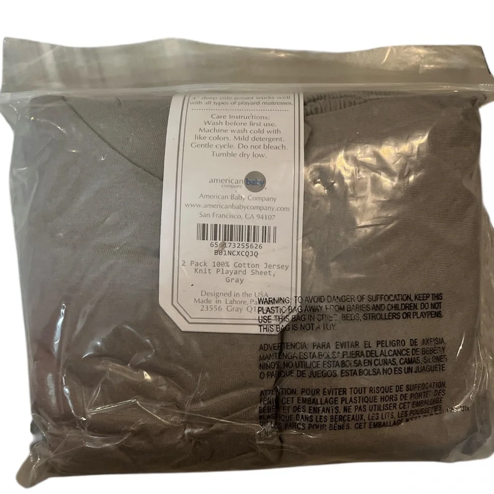 American Baby Company Playard Sheet 2 Pack 100% Cotton Jersey Gray‎ New